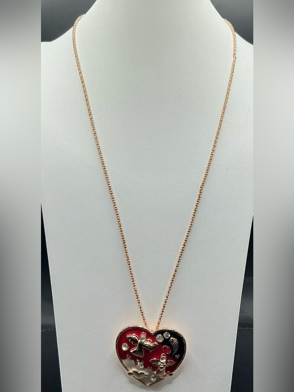 Rose Gold Heart Pendant Necklace with Red and Black Enamel
